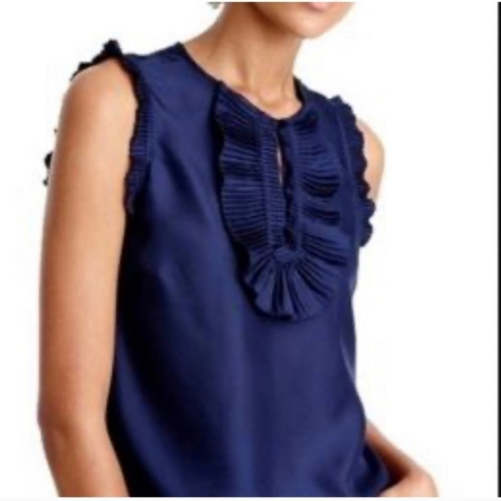 J Crew Silk Margot Ruffle Sleeveless Blouse size 0 Navy